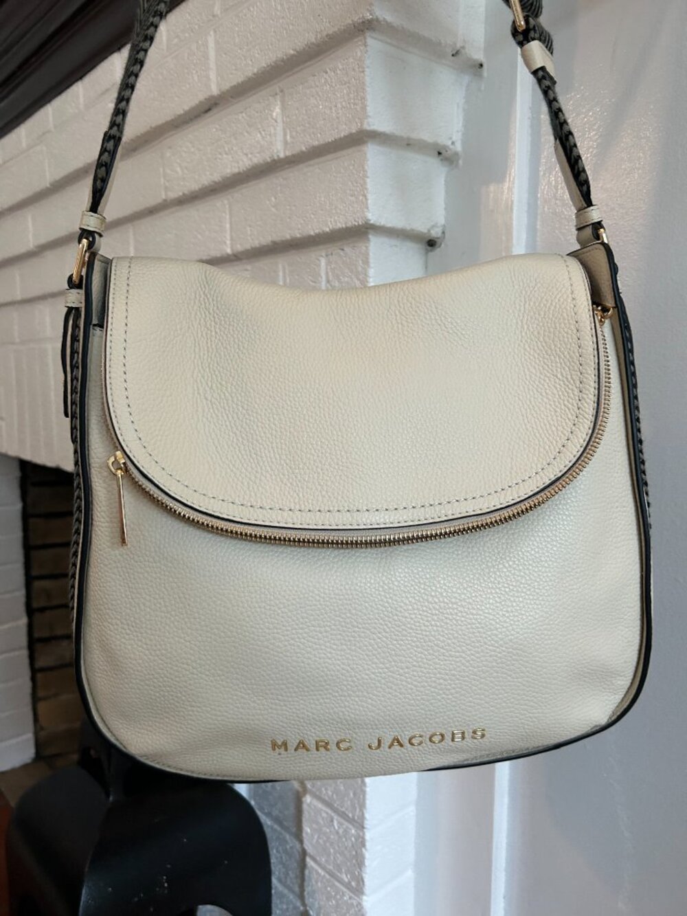 Marc Jacobs The Groove Cream Shoulder Bag with Black and Gold Accents.